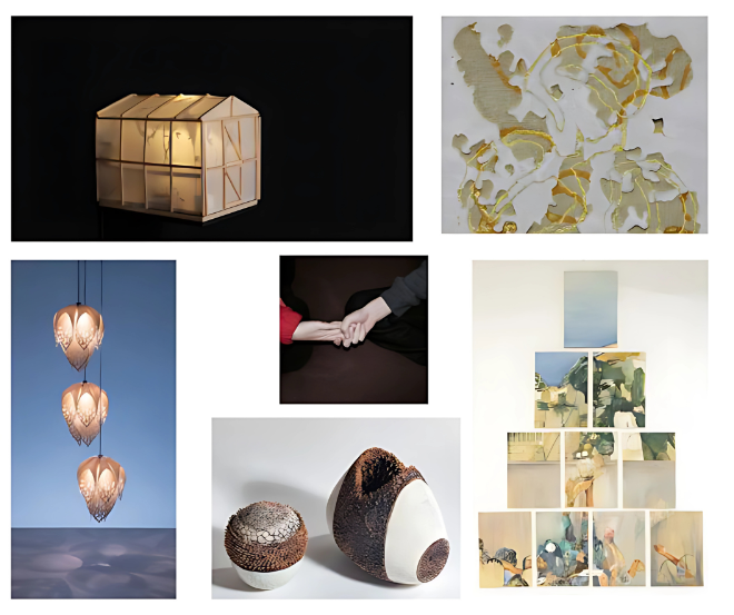 A compilation of six art pieces. From the top left, going clockwise: a small, lit sculpture resembling a wooden and paper greenhouse; an abstract painting with gold and white organic shapes; a multi-panel painting featuring subdued colours and abstract ele