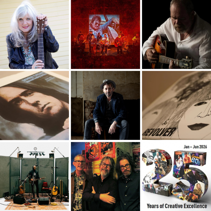 A 3x3 collage of music event imagery including Kimmie Rhodes, Ken Haddock, a John Prine tribute, the band The Boondocks, a recording studio scene, album covers for Revolver and The Joshua Tree, and a graphic celebrating 25 Years of Creative Excellence.