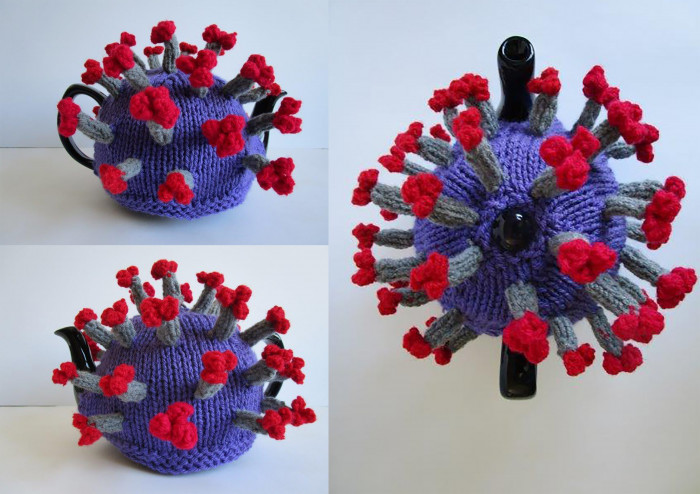 Knitted 3d Sculptural balls Tea Cosies with spikes to replicate Covid-19