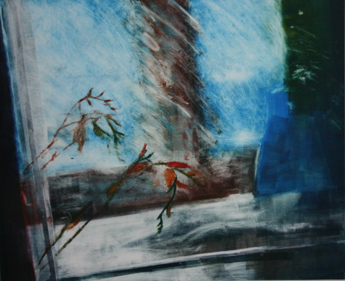 Painting of a mirror reflecting light from a windowsill.   The colours are in blues, silver and brown.