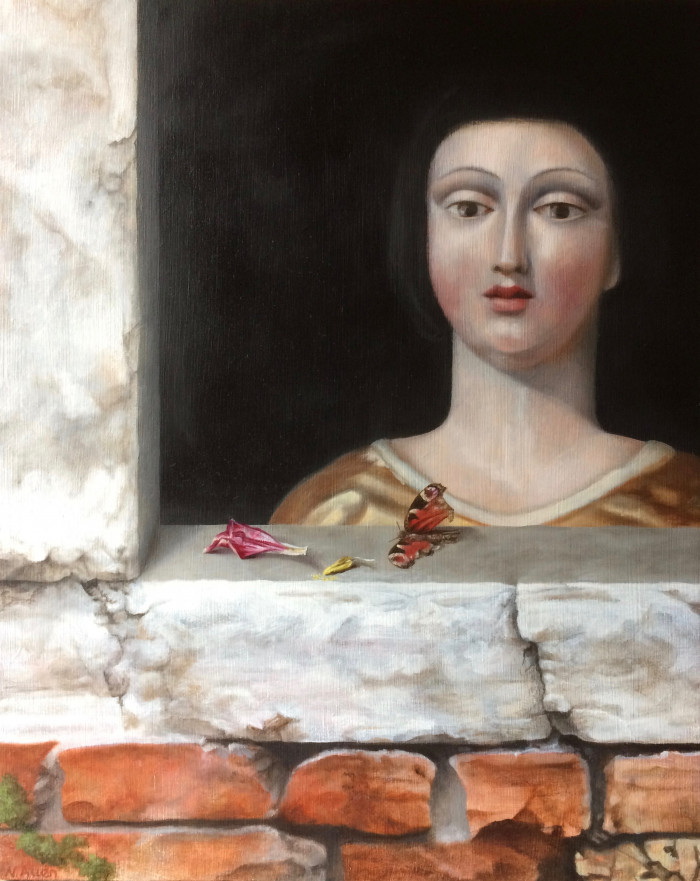 Painting of a female figure looking out the window.