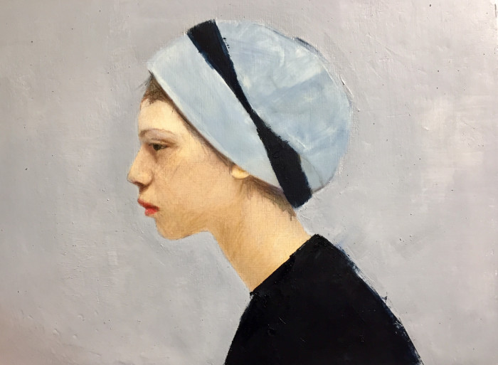 GIRL IN BLUE HAT oil and coloured pencil on fabriano paper 45cm x 52cm