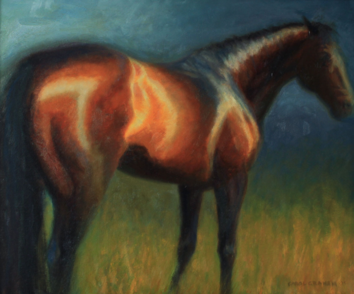 Dark to light image of a fine horse side on.