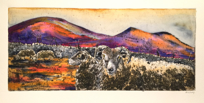 Print featuring the Mountains of Mourne in yellows, purples and black and white huees.  A mountain range in purple and yellow hues is in the background. It also features the Mourne Wall and steps leading up to a stile. There are two mountain sheep in the background beside the wall and two to the foreground of the sketch.