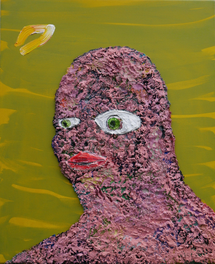 Oil on canvas painting of abstract pink human figure against a green and yellow background