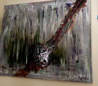 Expressive painting in acrylic, oil and resin in greyscale of an umbilical cord