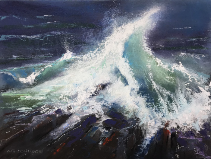 Crashing pastel painting of crashing and surging sea waves in blues, greens and aqua colours