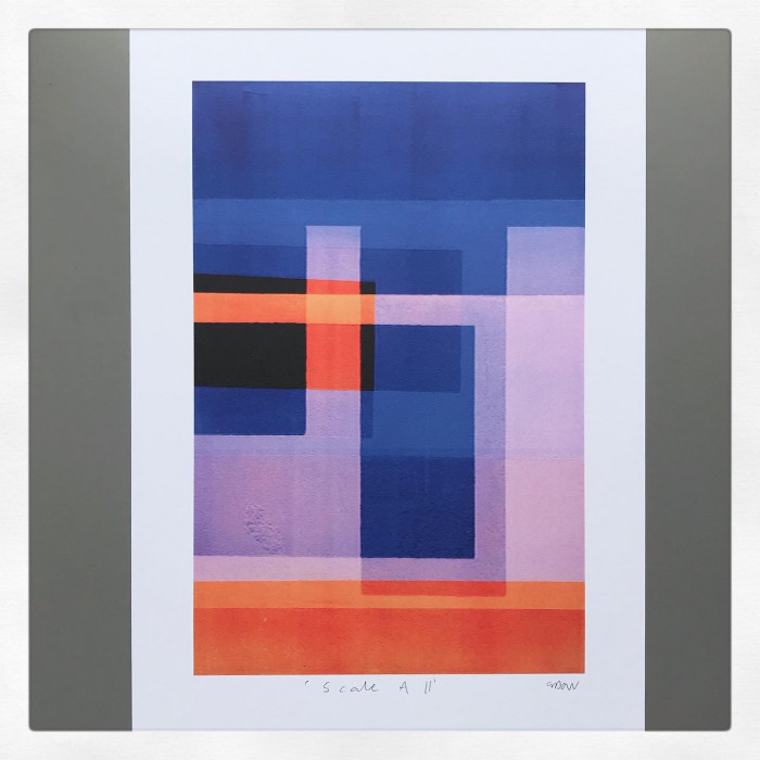 Monoprint strong graphic with blue and orange squares