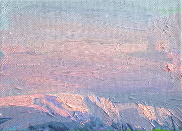 Painting of the fjords in Iceland.  Rocky peaks in pink and white hues