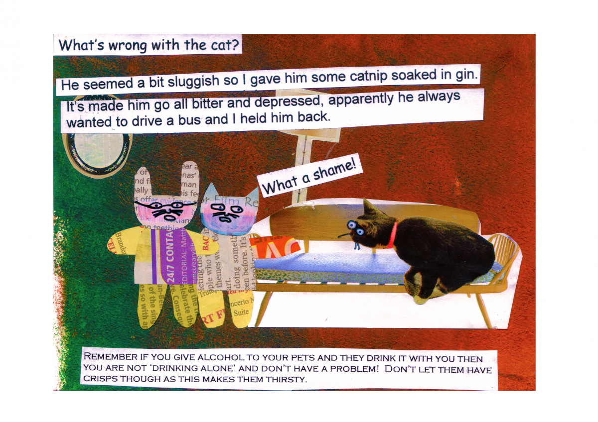 A paper collage of two cartoon paper cats to the left of the image and cut out of a real cat reclined on a sofa to the right of the image.  Overlaid is the conversation: 